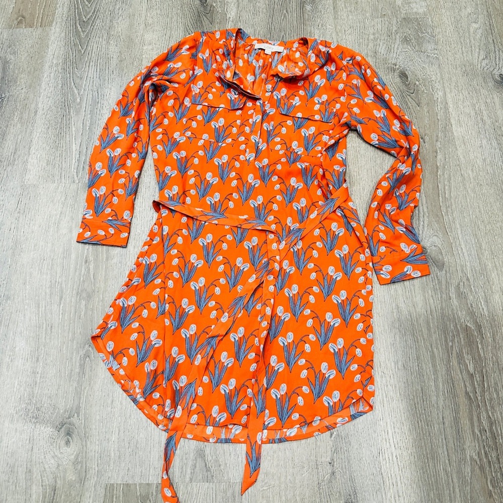 Loft Dress Petites XS Orange Floral Tulip Shirt Dress Long Sleeve Tie Waist XSP - Picture 3 of 16